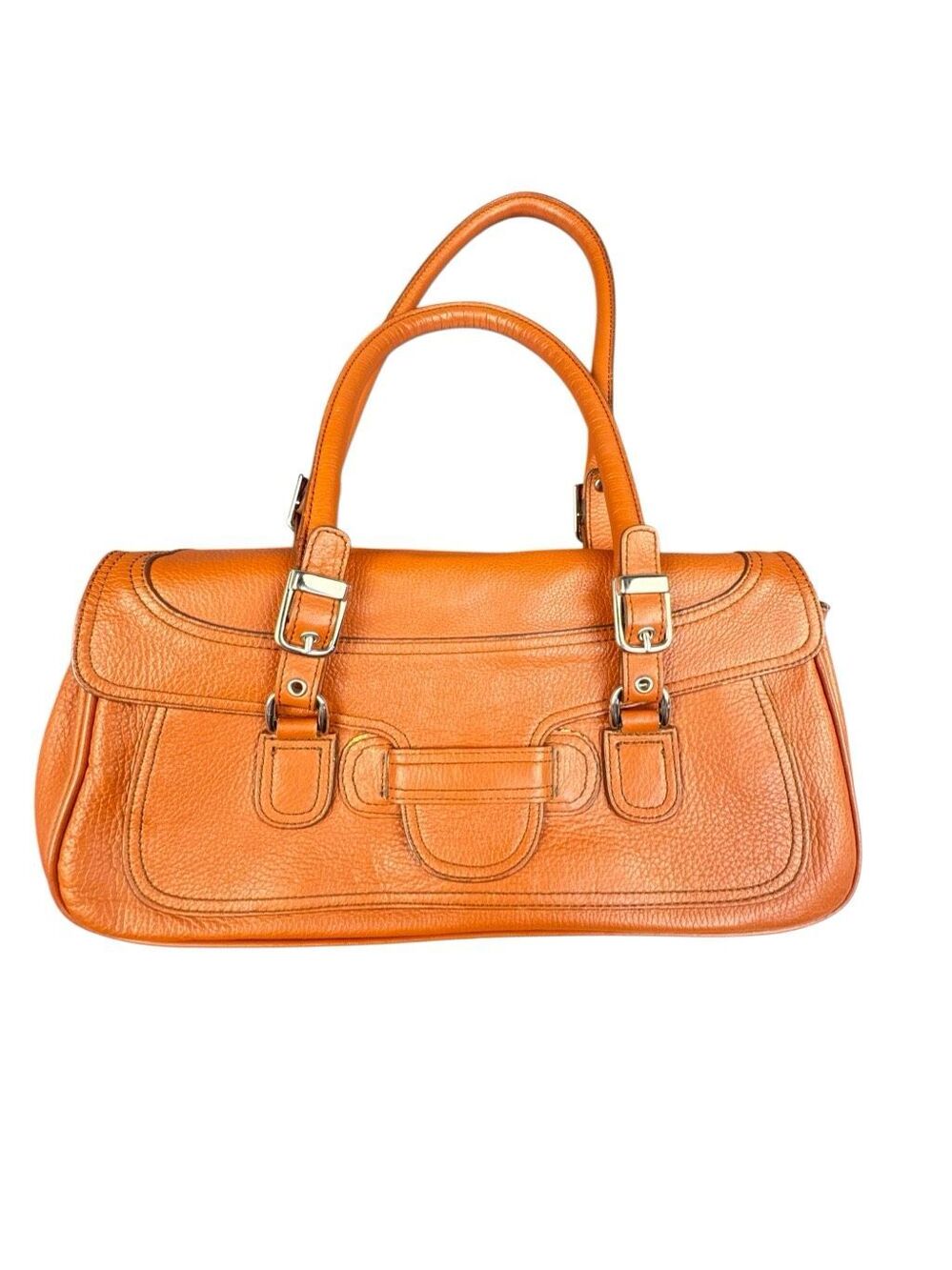 Maxximum Y2K Orange Pebbled Leather Satchel Shoulder Bag Buckle East West Purse